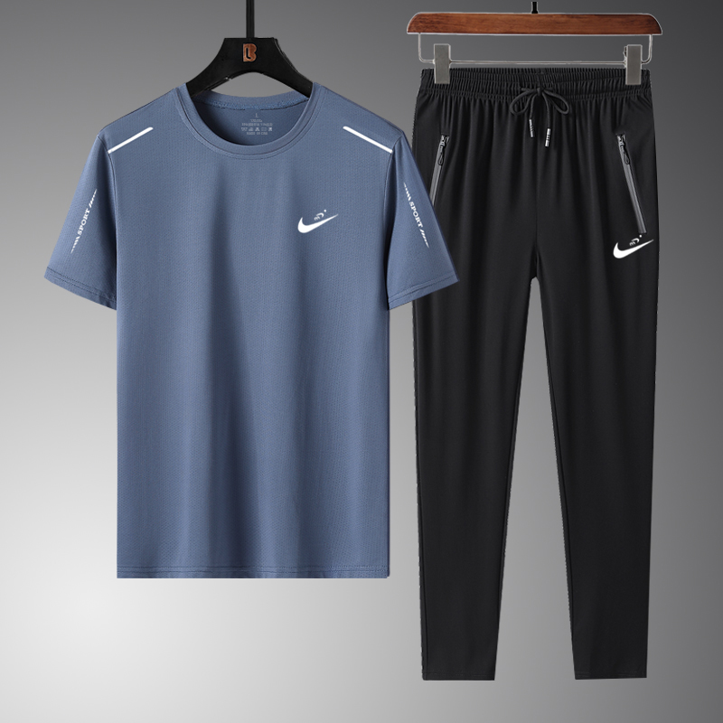 8822 Haze Blue Pants Two Piece SetNike summer Ice silk leisure time Sports suit male run Short sleeve T-shirt Crew neck Quick drying shorts Three piece suit