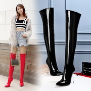 Mùa thu sexy siêu cao gót giày stiletto bằng sáng chế da mỏng chỉ đàn hồi căng trên đầu gối khởi động cao khởi động kích thước lớn 43