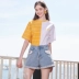 Cửa hàng ba màu giảm giá 2019 hè mới eo cao biến quần thẳng cotton đơn giản Một chiếc quần short denim nữ từ - Quần jean quần jean nữ hàng hiệu Quần jean