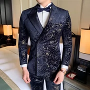 Bộ đồ vest nam ba mảnh mỏng nhung in bộ đồ Hàn Quốc phiên bản Hàn Quốc của thợ làm tóc chú rể - Suit phù hợp
