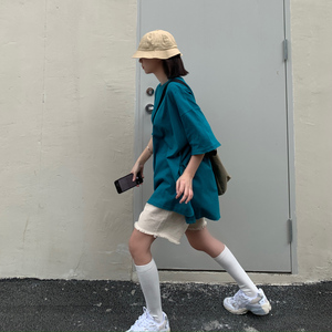 卤卤lulu 纯棉短袖t恤女宽松韩版2020年夏季中长款体恤孔雀蓝上衣领天猫淘宝优惠券可省10元