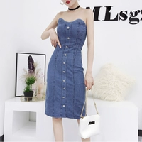 Denim váy nữ 2018 mới trong siêu lửa váy thời trang đơn ngực cẩn thận máy backless ống đầu váy 	váy body xoắn eo