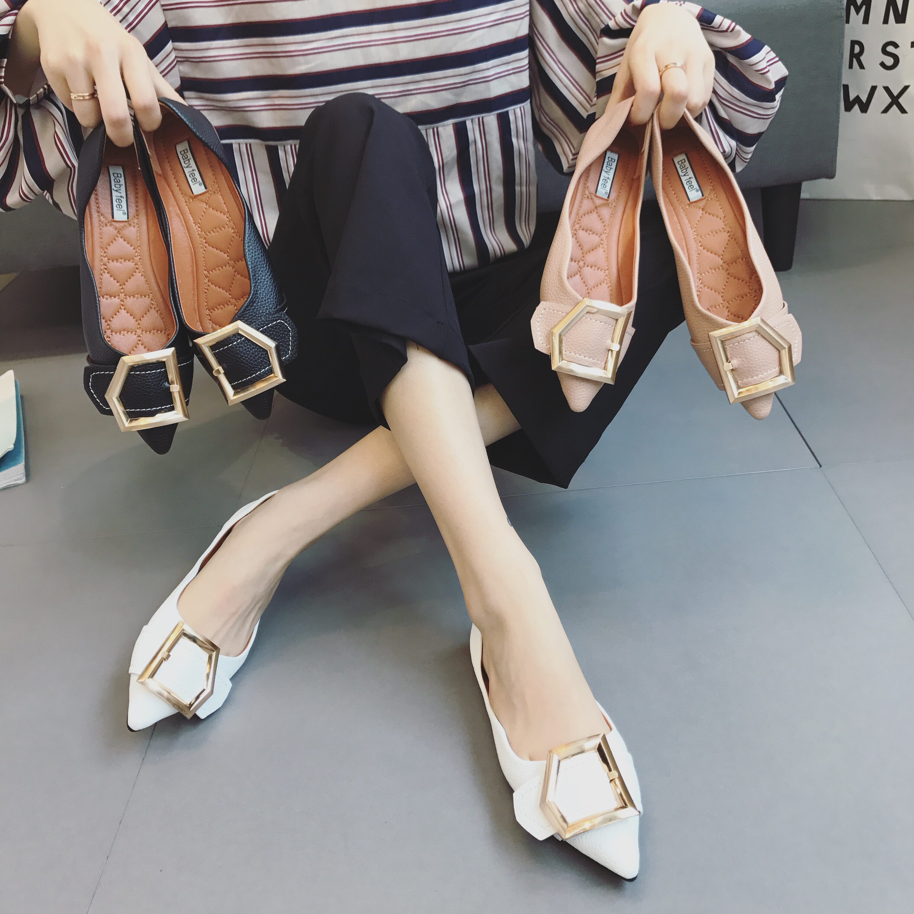 babyfeel新品韩版简约尖头皮带扣软底平跟平底鞋舒适浅口单鞋女鞋