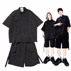 Мода Set 夏季机能嘻哈工装套装男女暗黑系条纹短袖衬衫短裤情侣潮牌两件套