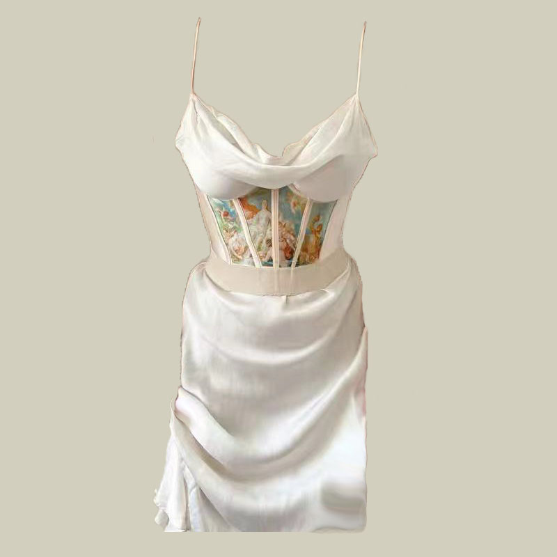 WhiteFrench Retro Gong Tingfeng Close your waist Oil Painting jacquard weave Girdle Waistband Show thin Pearl White Silk and satin camisole Dress