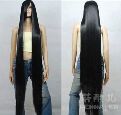 taobao agent Findai Erner European and American women's COS fake black long straight hair 150cm oblique bangs one meter five -fake hair ~ spot