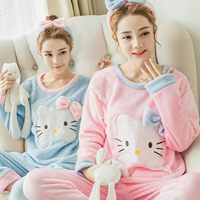 Bộ đồ ngủ Phụ nữ mùa thu và mùa đông San hô lông cừu HelloKitty Hello Kitty Bộ phim hoạt hình ấm áp thời trang mặc nhà
