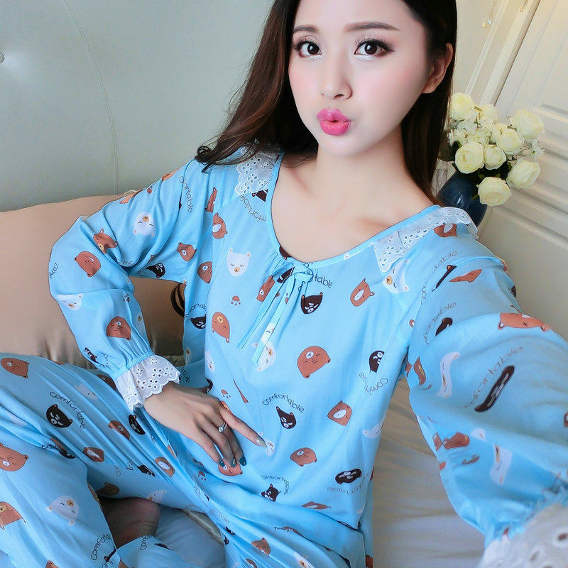 8731#小猪睡衣女秋季可爱棉绸长袖长裤大码家居服薄款人棉绵绸睡