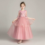 Cô gái mặc váy cưới công chúa gạc trắng chủ nhà catwalk piano biểu diễn quần áo hoa cô gái váy hồng mùa thu - Váy trẻ em