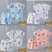 Mùa hè bé ngắn tay áo phù hợp với mới chàng trai và cô gái cotton lụa nhà dịch vụ bé nhân tạo cotton mỏng đồ ngủ điều hòa không khí dịch vụ quần áo cho bé