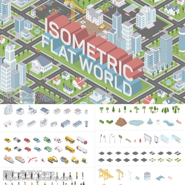 AE模板-扁平化三维等距MG动画城市场景地图元素工具包