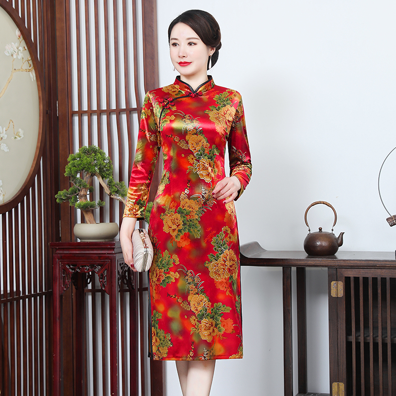 Demi-season cheongsam, dress for mother, long skirt, slim fit, for middle age, maxi length