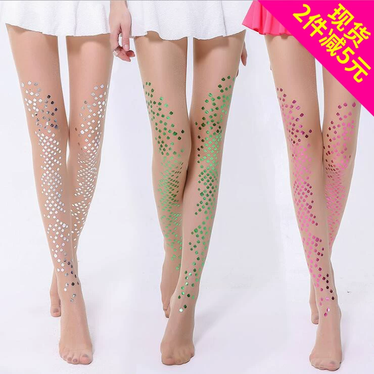 Mùa hè siêu mỏng sequin vớ nàng tiên cá quần lót sáng thậm chí chân in hình xăm bướm đáy quần phụ nữ - Xà cạp