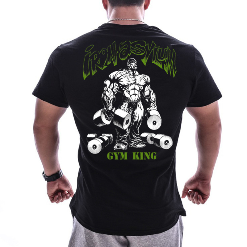 Black Green Dumbbellsummer new pattern muscle brother Short sleeve male easy Big size pure cotton elastic force motion T-shirt run train Fitness clothes
