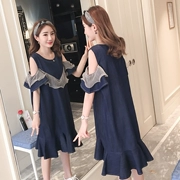 Bà bầu mùa hè mới thời trang lỏng lẻo khâu giản dị quây xù cỡ lớn denim bà bầu váy nữ - Áo thai sản