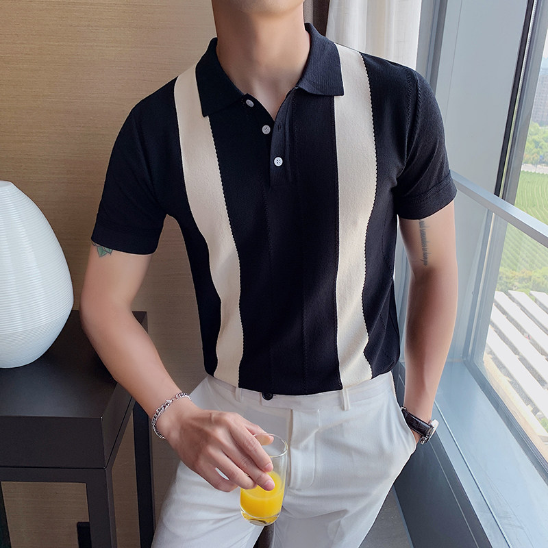 Summer polo shirt for men, short-sleeved, thin ice silk T-shirt, Korean-style trendy knitted half-sleeved, color-blocking lapel T-shirt, slimming