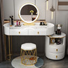 ZL round pure white 120cm table+hollow cabinet+LED mirror+golden bird nest stool