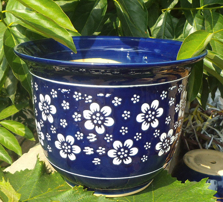 景德镇陶瓷花盆多肉植物蓝色花盆特大号花盆清仓透气口径30cm包邮