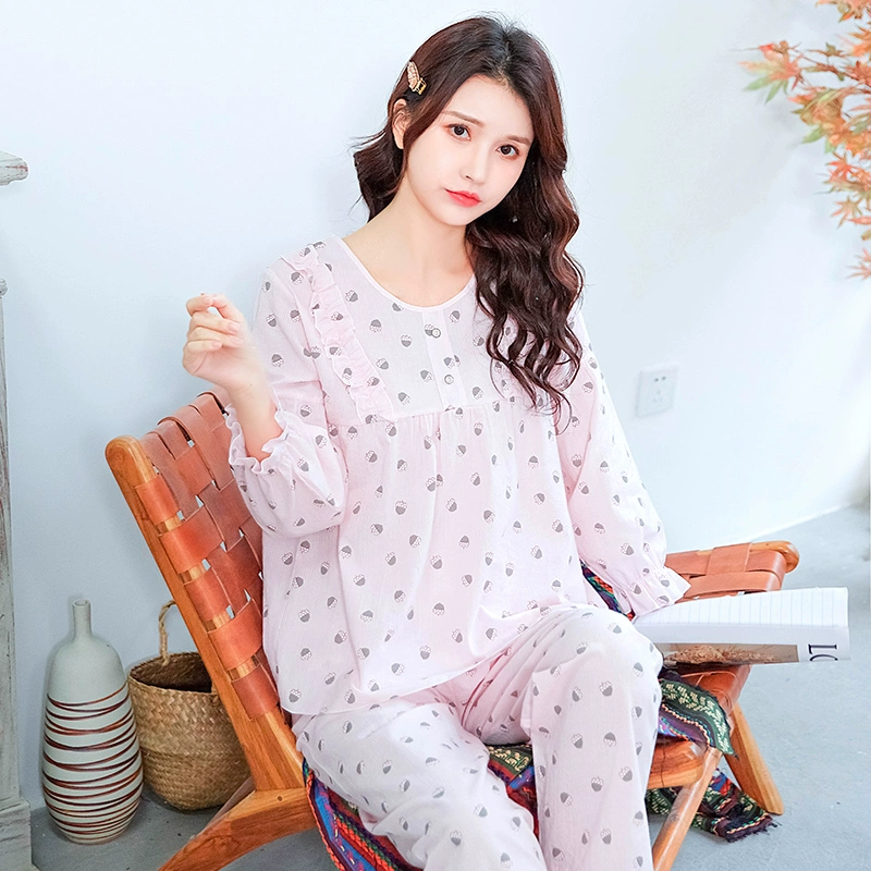 Đồ ngủ cotton nữ Nhật Bản cô gái dễ thương INS cotton dệt gió mùa xuân và mùa thu dịch vụ tại nhà có thể mặc bên ngoài phù hợp với mùa hè - Bộ Pajama