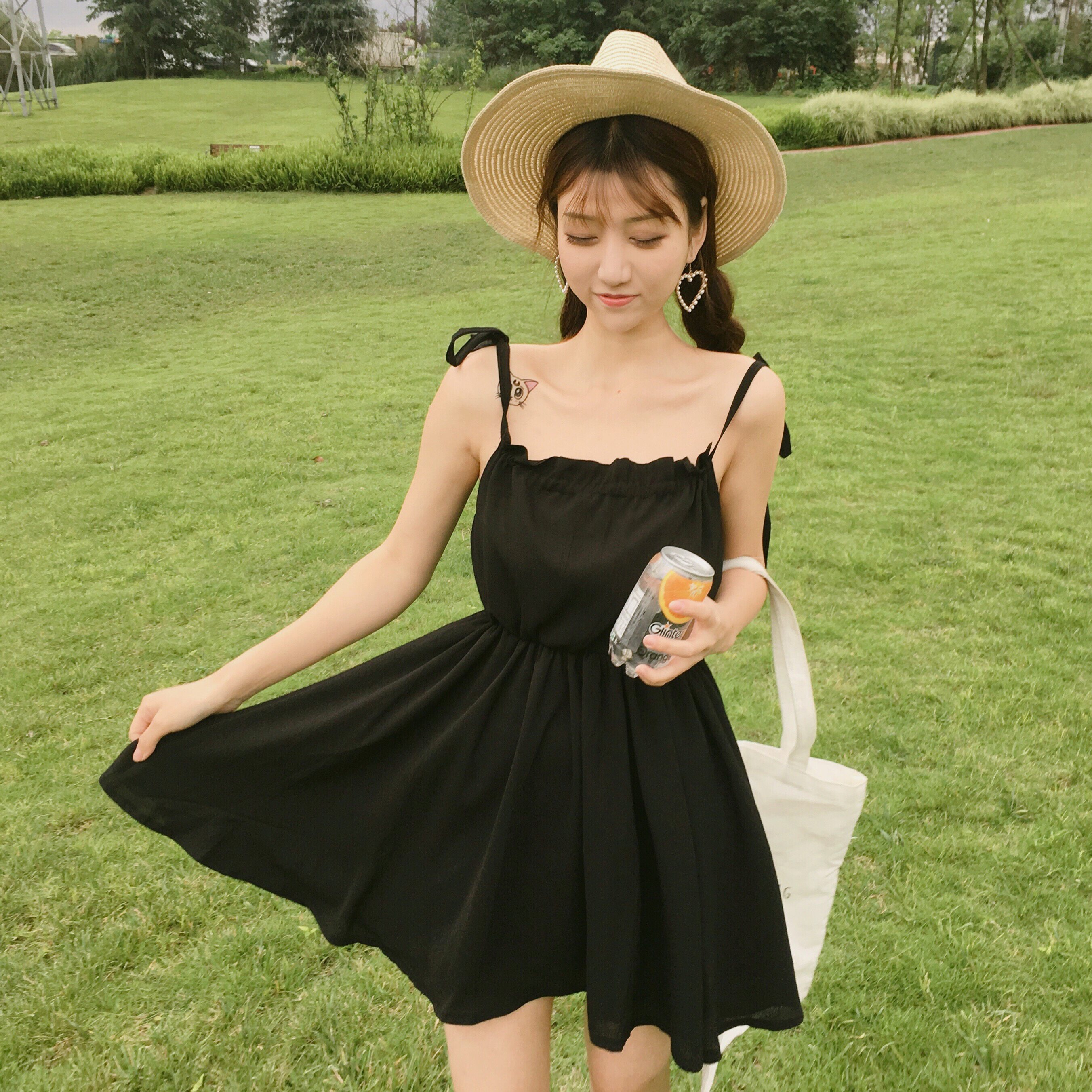 474实拍(优质版)夏装韩版小清新高腰显瘦吊带裙连衣裙新款露肩