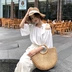 Mùa hè 2018 mới của Hàn Quốc phiên bản của lỏng hoang dã từ vai rò rỉ xương đòn áo sơ mi Hong Kong hương vị retro chic áo sơ mi nữ triều áo sơ mi kẻ Áo sơ mi