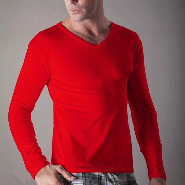 Quần lót nam mùa thu màu đỏ cotton mùa thu tay dài cổ chữ V cách nhiệt cộng với size áo sơ mi skinny dáng lửng - Áo ấm