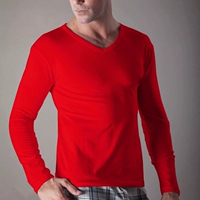Quần lót nam mùa thu màu đỏ cotton mùa thu tay dài cổ chữ V cách nhiệt cộng với size áo sơ mi skinny dáng lửng - Áo ấm