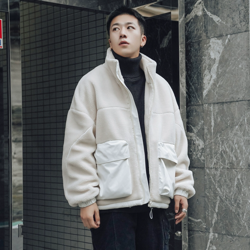 [Ưu đãi đặc biệt] Túi da khâu đứng cổ áo dày bằng da cừu len áo khoác nam xu hướng áo khoác cotton Hàn Quốc - Bông