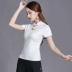 Phong cách quốc gia mùa hè ăn mặc mới của Trung Quốc phong cách của phụ nữ thêu đứng cổ áo khóa ngắn tay t-shirt Slim kích thước lớn bông đáy áo áo sơ mi nữ trắng Cộng với kích thước quần áo