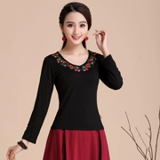 Mùa xuân mới của Trung Quốc phong cách của phụ nữ thêu áo sơ mi quốc gia phong cách thêu cotton dài tay t-shirt nữ kích thước lớn đáy áo