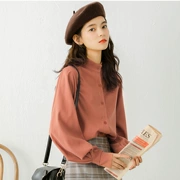 Net dài tay cổ áo sơ mi màu đỏ nữ 2019 mô hình mùa xuân phụ nữ sinh viên Hàn Quốc lỏng áo blouse Puff mới - Áo sơ mi dài tay