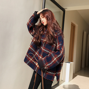 Retro kẻ sọc lỏng mỏng nửa cao cổ áo len trùm đầu áo len nữ mùa đông sinh viên Hàn Quốc kích thước lớn áo len