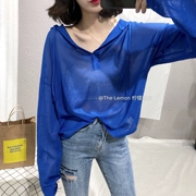 Hàn Quốc 2018 mùa hè phong cách mới trùm đầu lỏng lẻo áo triều dây rút rơi vai tay áo phần mỏng dệt kim kem chống nắng áo sơ mi nữ