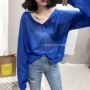 Hàn Quốc 2018 mùa hè phong cách mới trùm đầu lỏng lẻo áo triều dây rút rơi vai tay áo phần mỏng dệt kim kem chống nắng áo sơ mi nữ áo len nữ