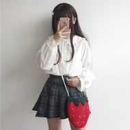 Mùa thu mới ngọt ngào Nhật Bản cô gái đèn lồng tay áo bằng gỗ tai búp bê cổ áo sơ mi dài tay áo sinh viên cơ sở coat phụ nữ áo sơ mi nữ dài tay cho người béo