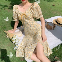 Летняя ретро юбка, платье, коллекция 2021, городской стиль, в цветочек, французский стиль, квадратный вырез