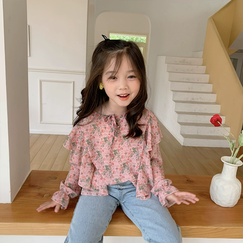 Áo voan bé gái phong cách Hàn Quốc thời trang xuân hè thu đông bé màu hồng hoa trẻ em áo thủy triều - Áo sơ mi