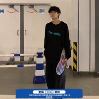 Черная осенняя футболка, лонгслив, длинный рукав, в корейском стиле, оверсайз
