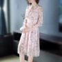 Váy voan hoa màu hồng đầu thu mới 2019 Hàn Quốc Dongdaemun eo thon dài - Váy eo cao 	váy dây buộc eo