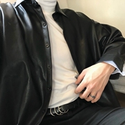 [JM] Lao Deng đề nghị da cổ điển lót cộng với nhung mỏng PU da áo sơ mi màu đen áo khoác nam giới và phụ nữ