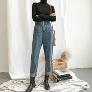 Thời trang nữ mùa thu retro eo cao thon thả lỏng giản dị quần jeans thẳng harem quần thủy triều với thắt lưng