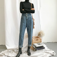 Thời trang nữ mùa thu retro eo cao thon thả lỏng giản dị quần jeans thẳng harem quần thủy triều với thắt lưng shop quần áo nữ