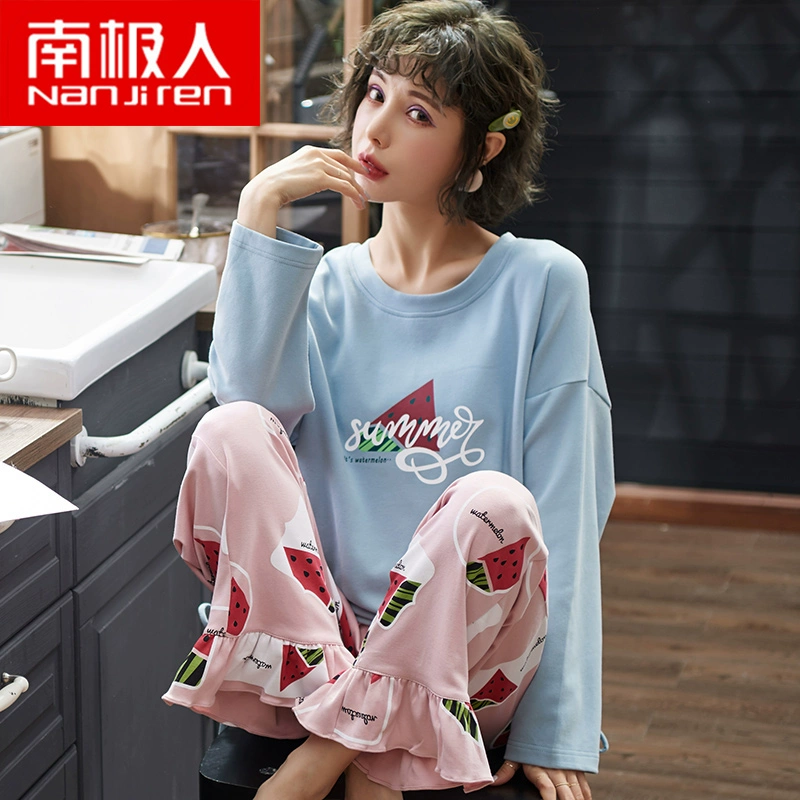 Đồ ngủ nữ ở Nam Cực mùa xuân và mùa thu cotton dài tay ngọt ngào có thể mặc kích thước lớn mùa thu và mùa đông phù hợp với dịch vụ nhà hai mảnh - Giải trí mặc / Mum mặc