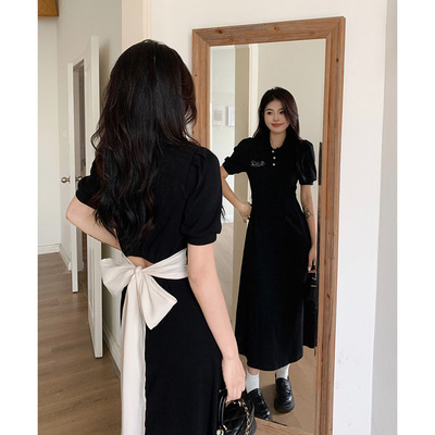 taobao agent Summer dress, brace, plus size, with short sleeve, backless, polo collar