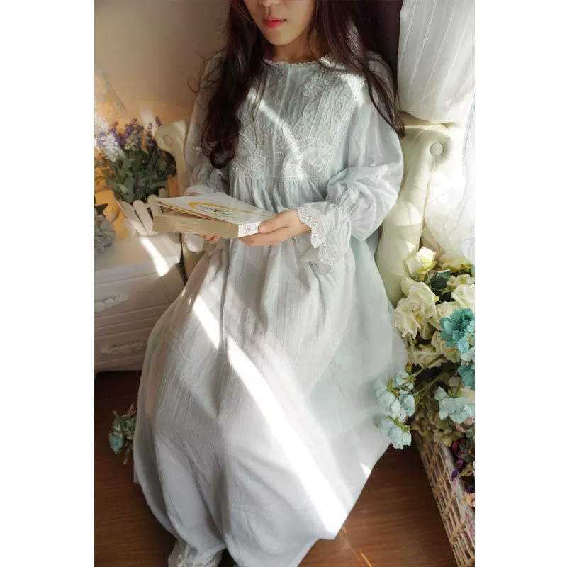 New Nhật Bản xếp li Crepe hòa tan trong nước Lace Court Cotton Retro Váy ngủ công chúa ngọt ngào và thanh lịch Mùa xuân hè - Đêm đầm