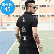 Váy hè đặc biệt street style lưng thêu nam slim polo áo sơ mi đen ve áo ngắn tay áo thun PL-49