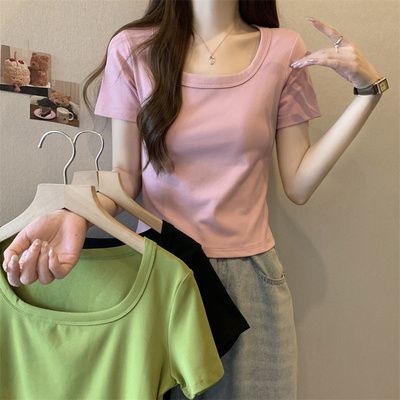 taobao agent Summer short sleeve T-shirt, short fuchsia top, plus size, fitted
