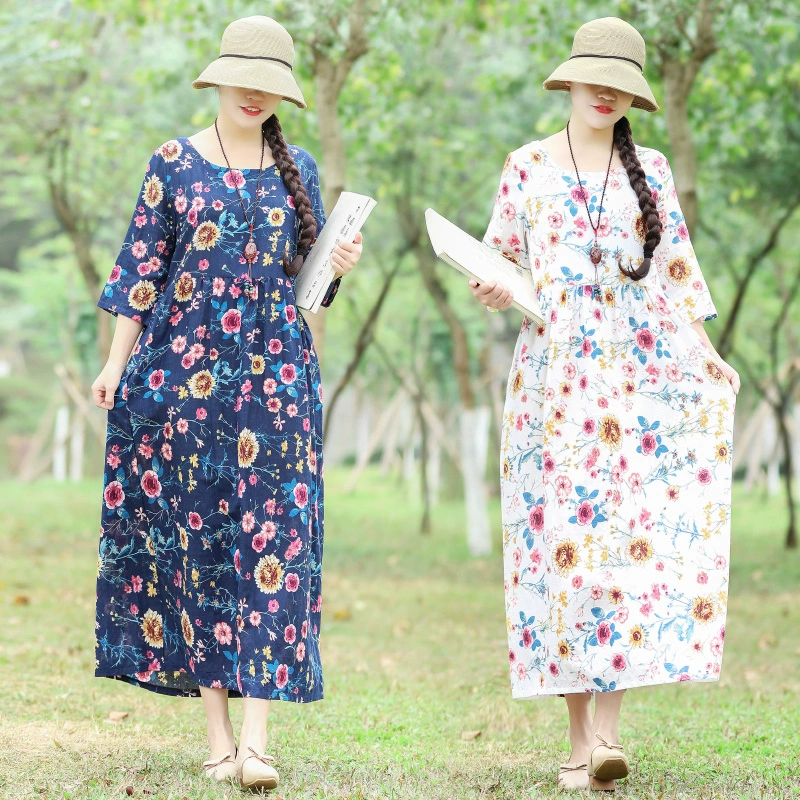 Mùa xuân và mùa hè mới của phụ nữ phong cách dân tộc váy cotton và vải lanh in váy cổ tròn thắt lưng cao váy dài thướt tha - Váy eo cao