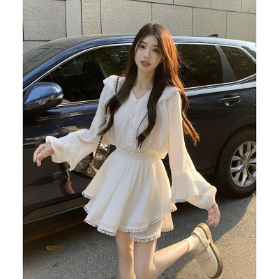 taobao agent Mini-skirt, set, summer clothing, plus size, french style, V-neckline, long sleeve, high waist