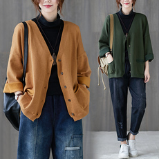 Одежда Больших размеров 慵懒风v领针织开衫女2020新款秋装宽松大码休闲百搭长袖毛衣外套